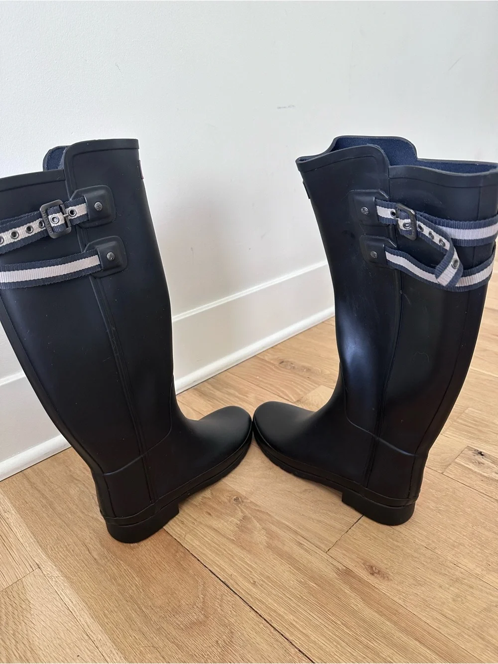 Hunter Black Tall Rain Boots with Gray Accent Straps